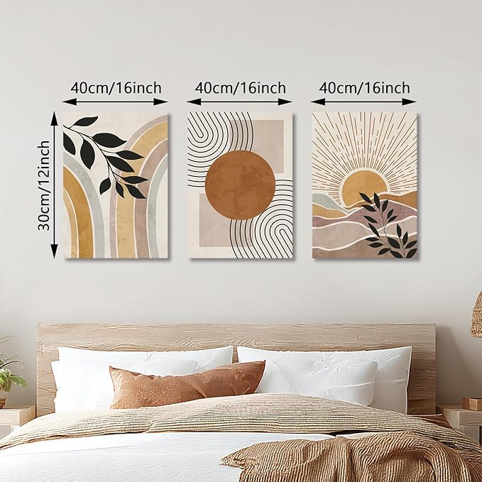 WENGTIAO 3Pcs Boho Orange Desert Canvas Wall Art Colorful Geometric Line Leaf Sun Prints Pictures Paintings Abstract Mid Century Nature Plant Artwork for Living Room Bedroom Office Bathroom 16x24x3