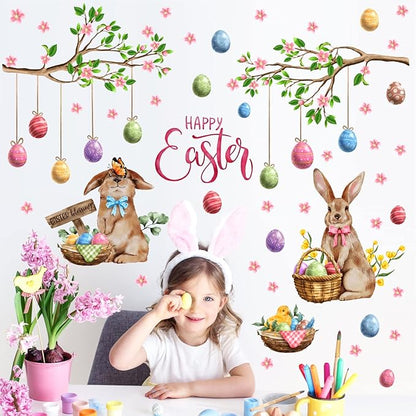 Happy Easter Wall Stickers Bunny Decals for Wall Decroation Easter Eggs Tree Branch Wall Decal Peel and Stick Easters Window Decals Spring Rabbit Sticker for Living Room Bedroom Nusery Supplies