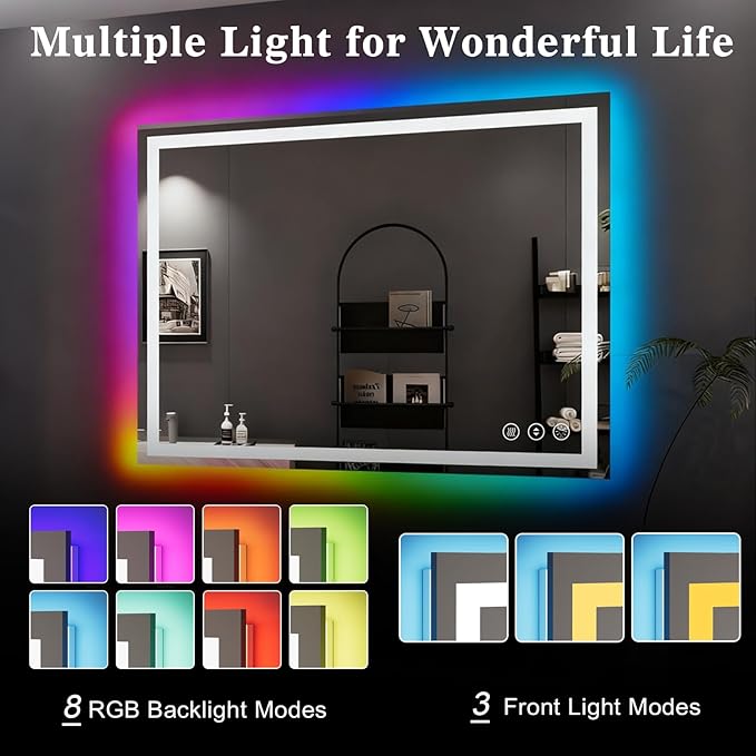 WTTY LED Bathroom Mirror 48"x32" with RGB Backlit and Front Light,Stepless Dimmable LED Mirror for Bathroom,Colored Lighted Bathroom Vanity Mirror,Anti-Fog,Memory Function,Shatter-Proof
