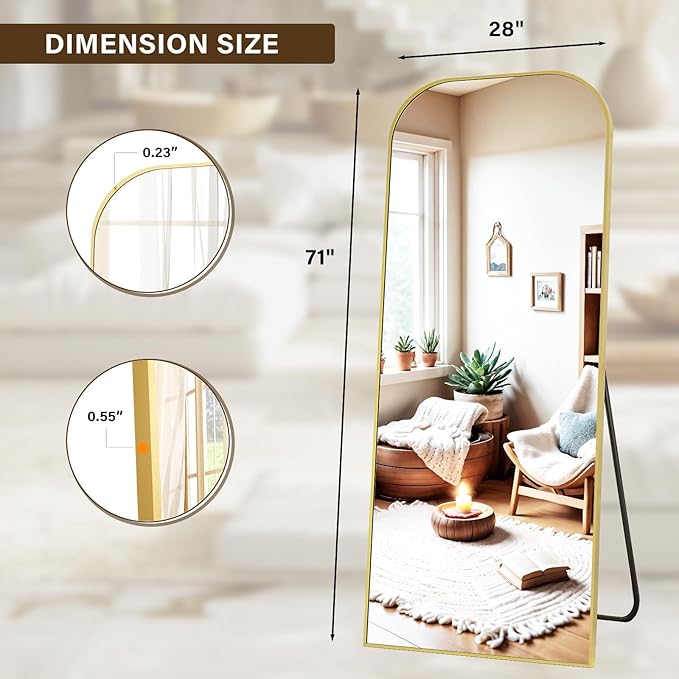 XRAMFY Full Length Mirror, 71"x28" Floor Mirror Freestanding, Arched Floor Standing Large Mirror Full Body Mirrors with Stand for Bedroom, Hanging Mounted Mirrors for Living Room,Gold