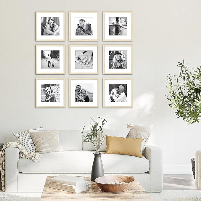 ArtbyHannah 12x12 Square Gallery Wall Frame Set for Home Decor or Wall Hanging Decoration, Matted to 8x8-9 Pack