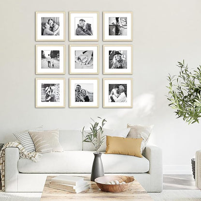 ArtbyHannah 12x12 Square Gallery Wall Frame Set for Home Decor or Wall Hanging Decoration, Matted to 8x8-9 Pack