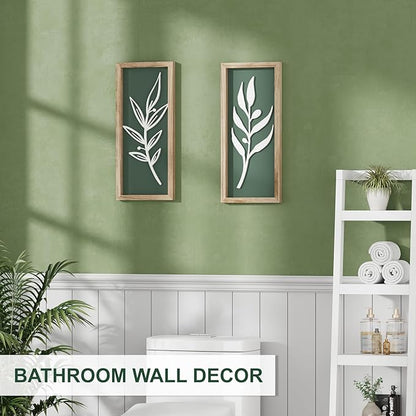 3D Wooden Leaf Sage Green Boho Wall Art (Set of 2) Lightweight, Vintage Framed Bathroom Botanical Wall Art for Bedroom, Living Room, Kitchen,Office and Hallway Decorations