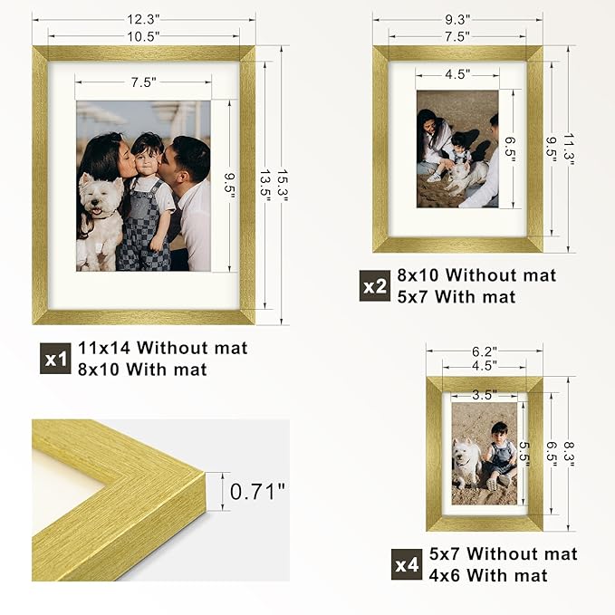 Frametory, Set of 7 Gallery Wall Frame in Gold - Includes 11x14, 8x10, and 5x7 Picture Frames with Ivory Color Mats - Real Glass, Collage Frames for Prints and Photos