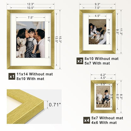 Frametory, Set of 7 Gallery Wall Frame in Gold - Includes 11x14, 8x10, and 5x7 Picture Frames with Ivory Color Mats - Real Glass, Collage Frames for Prints and Photos
