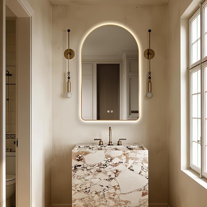 Niccy Arched LED Lighted Bathroom Mirror, 40x24 Inch Backlit Vanity Bathroom Mirror with Lights Brushed Gold Framed Wall Mounted Mirrors with 3 Color Shatterproof Arch Smart Fog Free Mirror