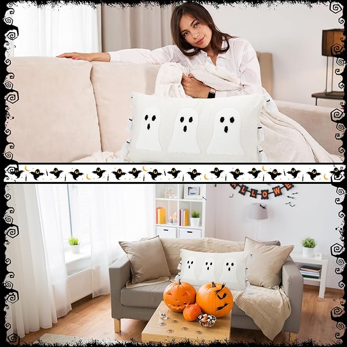 Vercraft Halloween Ghost Throw Pillow with Tassels 14x26 Inch Ghost Spooky Halloween Throw Lumbar Pillows Decorative Pillows Halloween Room Decor for Holiday Party Sofa Bed Cushion (White)