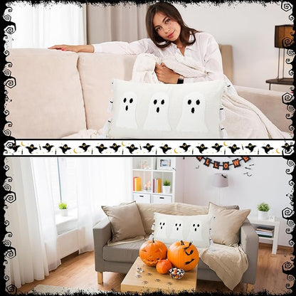 Vercraft Halloween Ghost Throw Pillow with Tassels 14x26 Inch Ghost Spooky Halloween Throw Lumbar Pillows Decorative Pillows Halloween Room Decor for Holiday Party Sofa Bed Cushion (White)
