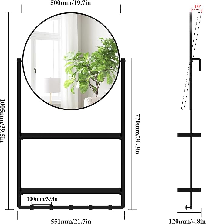 39.5" × 21.7" Black Round Wall Mirror with Shelf and Hooks, 10° Adjustable Tilt Metal Frame Bathroom Mirror with Shelf for Bedroom, Entryway, Living Room