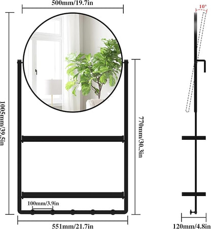 39.5" × 21.7" Black Round Wall Mirror with Shelf and Hooks, 10° Adjustable Tilt Metal Frame Bathroom Mirror with Shelf for Bedroom, Entryway, Living Room