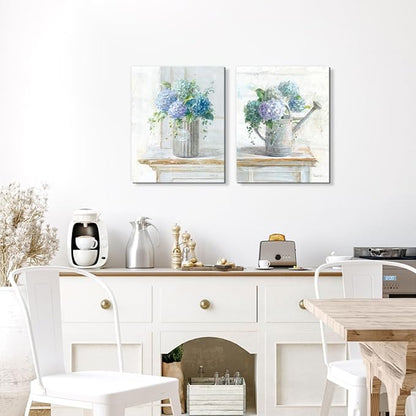 Blue Hydrangea Bathroom Wall Art 2 pcs Farmhouse Rustic Flower Art Botanical Floral Posters Paintings Framed Artwork for Dining Room kitchen Bedroom Living Room 12"x16"