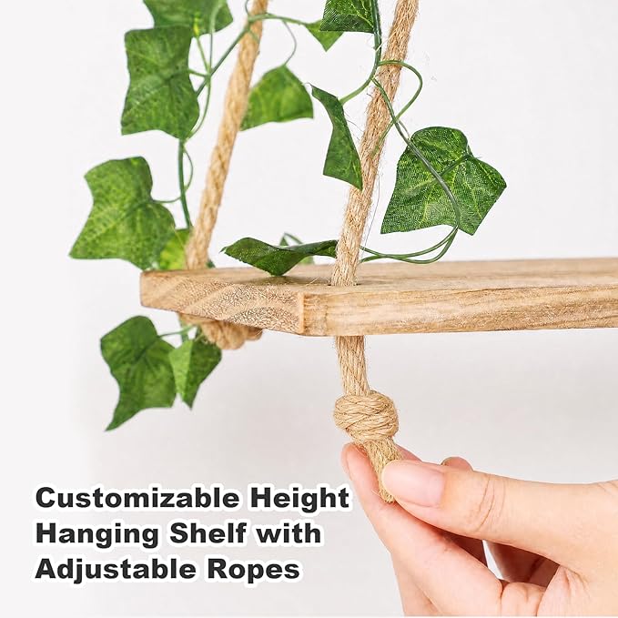 RICHER HOUSE Macrame Floating Shelves for Wall No Drilling, Boho Hanging Shelf with Artificial Ivy and LED Lights, Plant Wall Decor for Living Room Bedroom Dorm