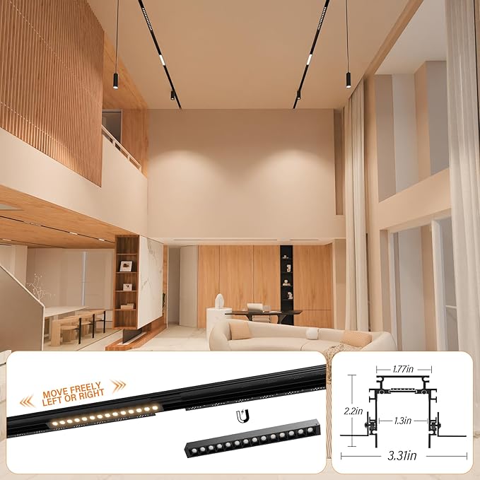 Track Lighting Rail Kit, 2PCS Magnetic Track Lighting Rail, 2PCS 15W Grille Spotlight Magnetic Track Head, 1PCS 200W Low Voltage LED Power Driver, Complete Track Lighting kit for Living Room