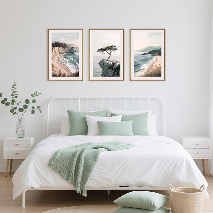 Amalfi Coastal Beach Framed Canvas Wall Art Set, Summer Ocean Wall Decor, Southwestern Beach Wall Painting, Ocean Seascape Art Prints for Living Room, Bedroom, Dining Room-24"x36"x3
