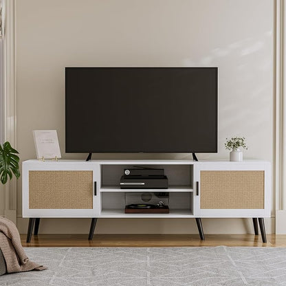 ZttRiee TV Stand for TVs up to 65'', Mid Century Modern Entertainment Center with Rattan Door, Shelves & 2 Cabinets, Boho Media TV Console for Living Room, Bedroom, White