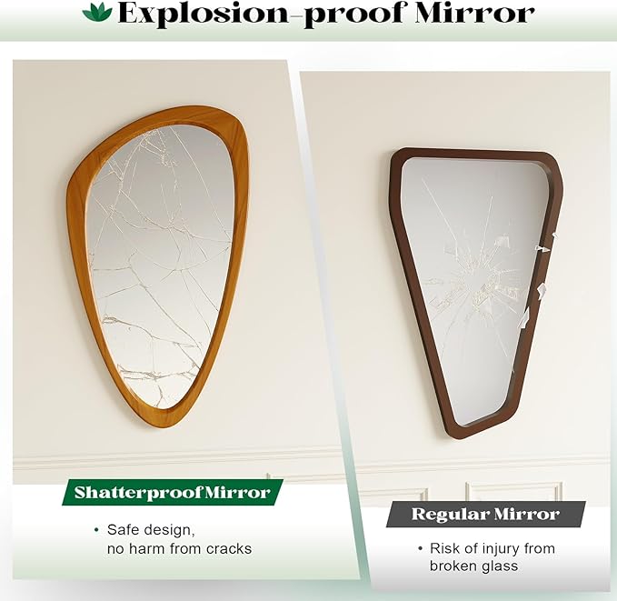 Asymmetrical Wall Mirror, 19x30 Inch Irregular Wall Mirror, Mid Century Modern Mirrors with Pine Wooden Frame for Living Room Bedroom Bathroom Entryway Hangs Horizontally or Vertically