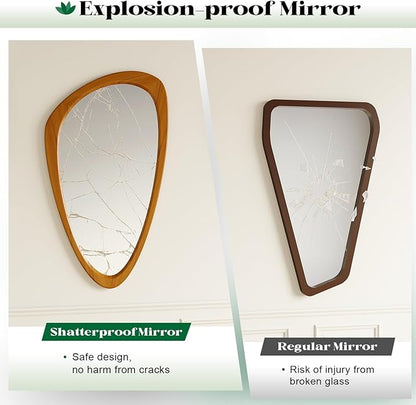 Asymmetrical Wall Mirror, 19x30 Inch Irregular Wall Mirror, Mid Century Modern Mirrors with Pine Wooden Frame for Living Room Bedroom Bathroom Entryway Hangs Horizontally or Vertically