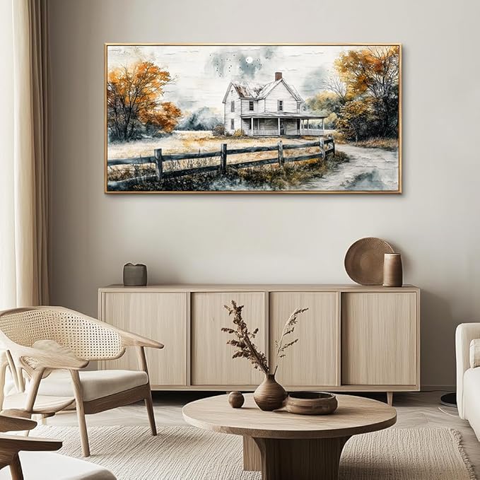 QIYILEXWART Wood Framed Canvas Wall Art For Living Room Large Wall Decor For Office Bedroom Decoration Farmhouse Watercolour Pictures White Hut Painting Artworks Room Ready To Hang