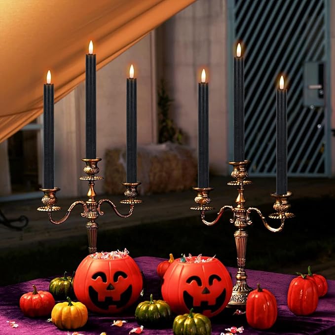 Halloween Flameless Taper Candles with 6 Hour Timer, Battery Operated Black LED Taper Candles Real Wax 3D Wick Flickering Halloween Dinner Table Decor Lights(6 Pack, 0.78” x 9.64”)