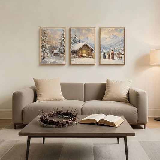 HOURIA Christian Easter Season Framed Canvas Wall Art Set,Religious Jesus Christ Biblical Wall Decor,Holy Family Star of Bethlehem Woodland Landscape Artwork for Church,Prayer Room,Home-16"x24"x3