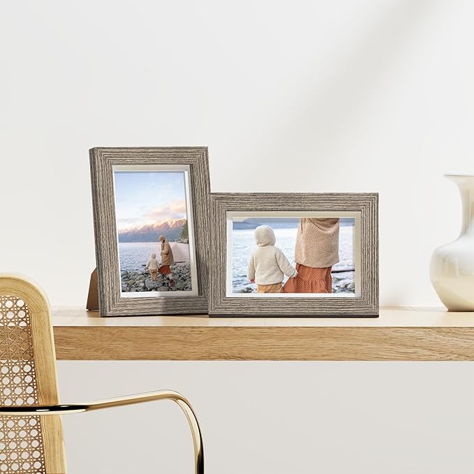 Vittanly 4x6 Picture Frames Set of 9, Display 3.5x5 Pictures with Mat or 4x6 without Mat, Photo Frames for Wall or Tabletop with Plexiglass, Engineered Wood, Grayish Brown