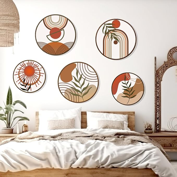 Zzbakress 5 Pcs Boho Wall Decor Farmhouse Wooden Round Bathroom Decor Vintage Boho Wall Decor Modern Aesthetic Minimalist Wooden Wall Art for Bedroom Office (Fresh, 5)
