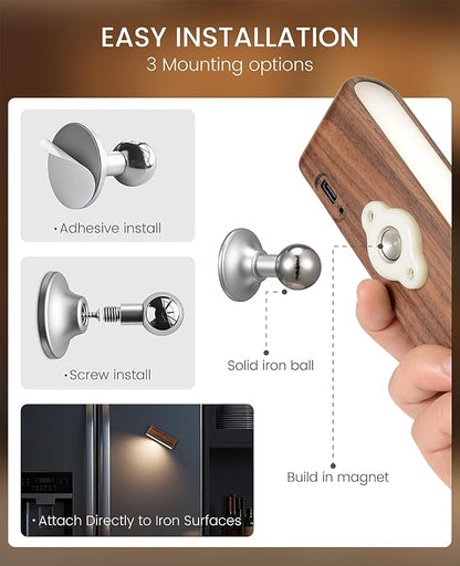 Wood LED Wall Sconce Magnetic 360°Rotate Mounted Mini Lamp Brightness Adjustable Nightlights Rechargeable Battery Powered Reading Light for Bedside Hallway Living Room Black Walnut Set of 2