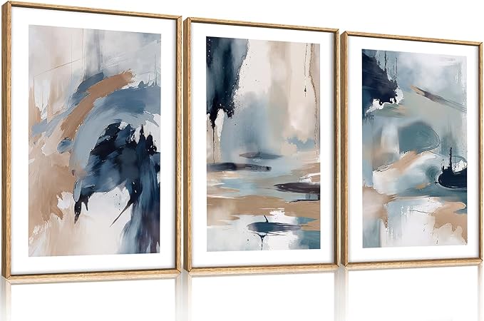 KAIRNE Blue Abstract Neutral Framed Canvas Wall Art Set, Navy Abstract Wall Decor, Watercolor Blue and Brown Wall Painting, Modern Textured Art Prints for Living Room, Bedroom, Office-24 x36 x3