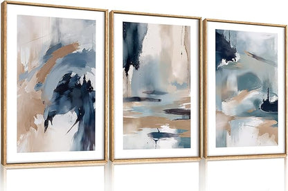 KAIRNE Blue Abstract Neutral Framed Canvas Wall Art Set, Navy Abstract Wall Decor, Watercolor Blue and Brown Wall Painting, Modern Textured Art Prints for Living Room, Bedroom, Office-24 x36 x3