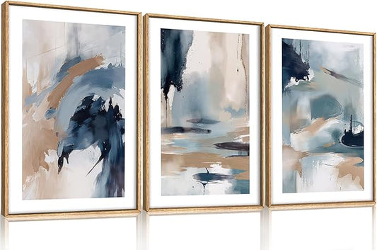KAIRNE Blue Abstract Neutral Framed Canvas Wall Art Set, Navy Abstract Wall Decor, Watercolor Blue and Brown Wall Painting, Modern Textured Art Prints for Living Room, Bedroom, Office-16 x24 x3