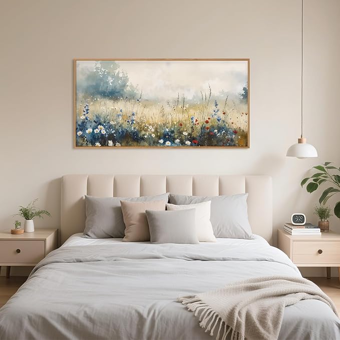 Celestdeco Nature Wildflower Framed Canvas Wall Art Set, Pastoral Landscape Wall Decor, Colorful Meadow Wall Painting, Rustic Floral Art Print for Living Room, Bedroom, Office-20 X40