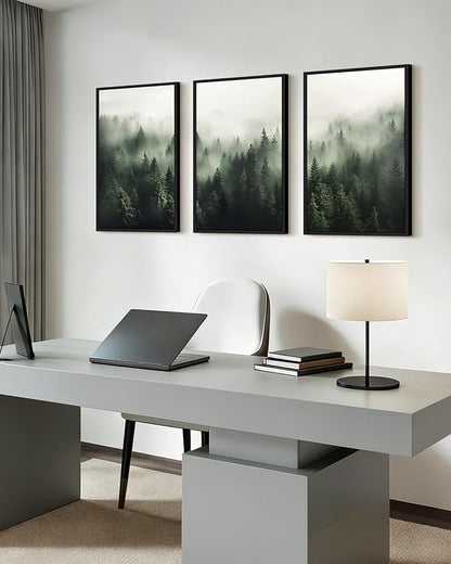PHOPAGO Green Fog Pine Tree Framed Wall Art Large 16x24in Nature Misty Nordic Forests Artwork Morden Paints for Living Room Home Office Decor - Black Framed