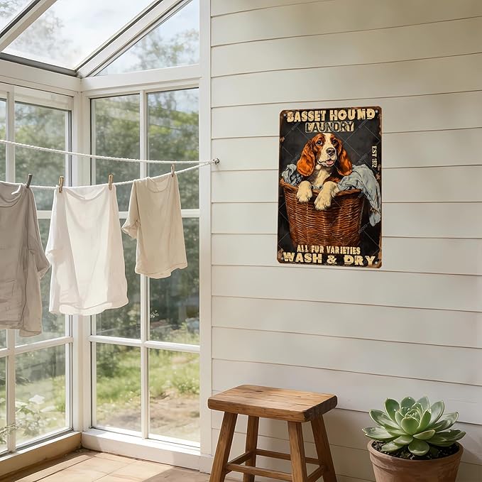 Retro Metal Poster Basset Hound Laundry Wash And Dry Metal Tin Signs Vintage Plaque Wall Decor for Home Laundry room Bathroom 12x8 Inch