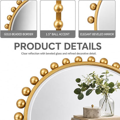 24x36 Inch Arched Wall Mirror with Antique Gold Ball Frame, Beveled Arched Decorative Wall Mirror, Vintage Gold Accent Mirror for Living Room, Entryway, Bedroom, Hallway & Over Console Decor