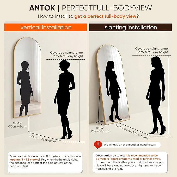 Antok 81" x41” Arched Full Length Floor Mirror, Gold Aluminum Frame, Free Standing/Wall Mount/Leaning for Bedroom, Living Room, Dressing Room
