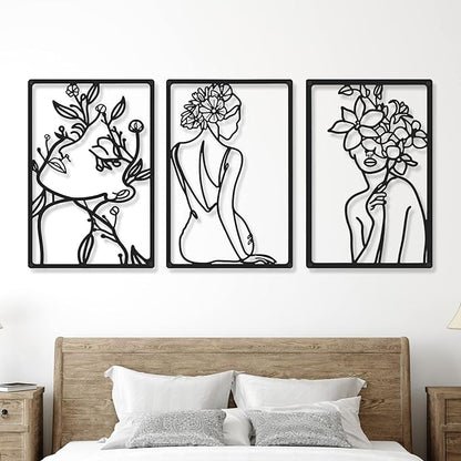 Cindeer 6 Pcs Black Metal Wall Art Bedroom Abstract Wall Art Woman Silhouette Line Decor Minimalist Abstract Woman Line Drawing Modern Living Room Pictures Decor for Bathroom Salon Silhouette
