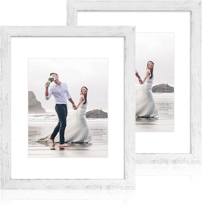 iRahmen 11x14 Picture Frame Set of 2 with Plexiglass, Distressed White Poster Frame Display 8x10 Pictures with Mat or 11 x 14 Without Mat, Wood Photo Frame for Horizontal or Vertical Wall Mount