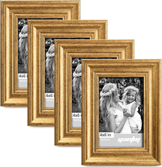 Yaetm 4x6 Gold Picture Frame Set of 4, 1.4” Wide Molding & Rustic Gold Photo Frames with HD Tempered Glass, Display on Tabletop & Wall Mounting