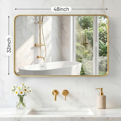 NEWBULIG 32X48 Inch Bathroom Mirror for Over Sink, Wall Vanity Mirrors Tempered Glass, Anti-Rust Metal Framed Rounded Rectangle, Hangs Horizontally or Vertically, Farmhouse Home Decor, Gold