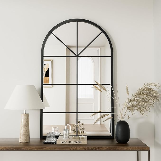 Rowjut Arched Wall Mirror Wall Decorative/Iron Framed Window Pane Mirrors,42" x 24" Window Mirror, Arched Top Wall Mirror for Entryway Living Room, Bedroom, Fireplace .(Deep Black)