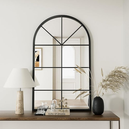 Rowjut Arched Wall Mirror Wall Decorative/Iron Framed Window Pane Mirrors,42" x 24" Window Mirror, Arched Top Wall Mirror for Entryway Living Room, Bedroom, Fireplace .(Deep Black)