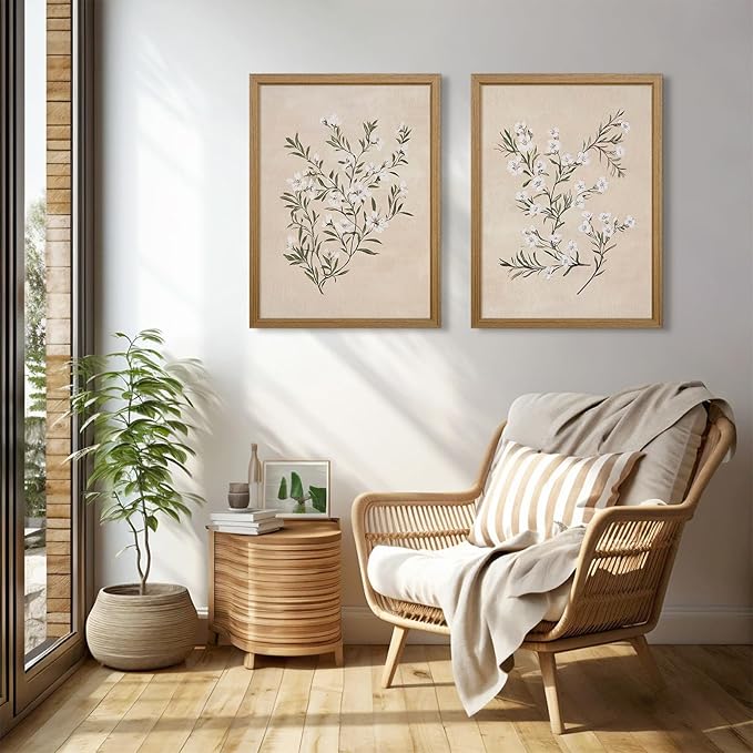 Vintage Botanical Wall Art Neutral Floral Prints Farmhouse Flower Canvas Wall Decor Watercolor Wildflower Pictures Nature Minimalist Artwork for Living Room Bedroom 16x24 Inch Wood Framed Set of 2