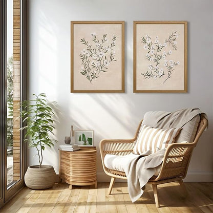 Vintage Botanical Wall Art Neutral Floral Prints Farmhouse Flower Canvas Wall Decor Watercolor Wildflower Pictures Nature Minimalist Artwork for Living Room Bedroom 24x36 Inch Wood Framed Set of 2