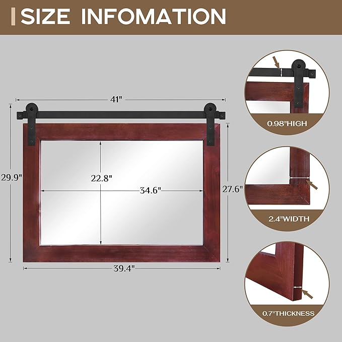 COGOOD Farmhouse Bathroom Mirror - 41" x 30" Rustic Barn Door Mirror for Living Room, Entryway, Bedroom, Vanity Wall Decor (Espresso)
