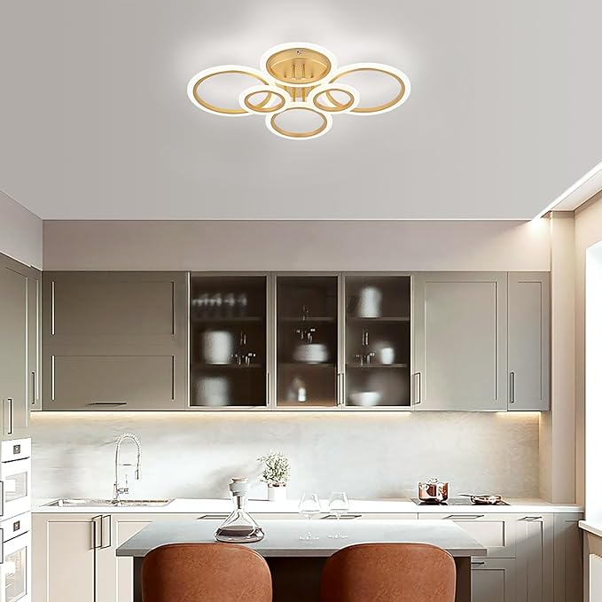 Modern LED Flush Mount Ceiling Light, 6 Rings Gold Close to Ceiling Light Fixtures, Living Room Lighting Fixture Ceiling Lamp for Kitchen, Bedroom, Laundry Room, 4000K Not Dimmable