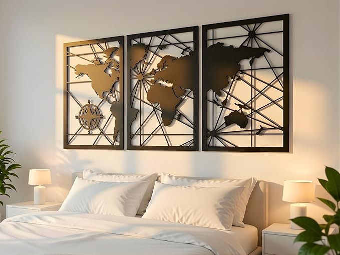VAILLA World Map Wood Wall Art Decor Large Hanging Sculpture Modern Home Decoration Large Set of 3 Panels Map Wallart Botanical Wall Hangings Wooden Wall Arr 3D Textured Sculptures for Living Room Bedroom Office Dinnig Room