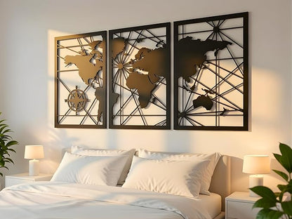 VAILLA World Map Wood Wall Art Decor Large Hanging Sculpture Modern Home Decoration Large Set of 3 Panels Map Wallart Botanical Wall Hangings Wooden Wall Arr 3D Textured Sculptures for Living Room Bedroom Office Dinnig Room
