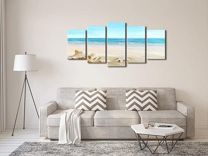 Pyradecor Seashell 5 panels Seascape Canvas Prints Landscape Pictures Paintings Modern Stretched Canvas Wall Art Sea Beach Pictures Artwork for Home Decor