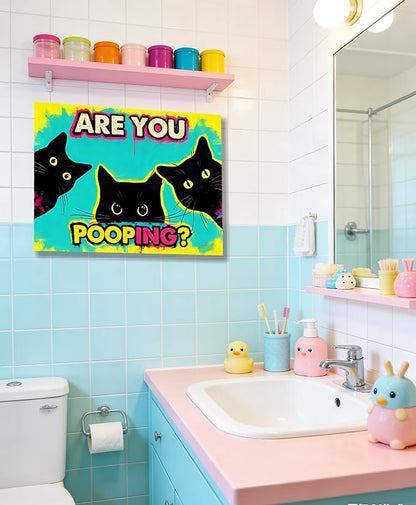 Funny Black Cat Bathroom Canvas Wall Art - Are You Pooping? Colorful Humor Poster for Washroom, 16x24 Inch Framed Graffiti Print for Toilet Restroom, Pop Art Wall Decor, Gifts for Cat Lovers