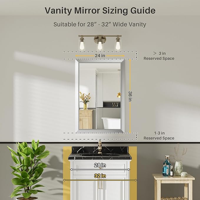24x36 Inch Brushed Silver Bathroom Mirror for Wall, Thick Metal Framed Rectangle Mirrors for Over Sink, Bedroom, Living Room, Entryway, Anti-Rust, HD Tempered Glass